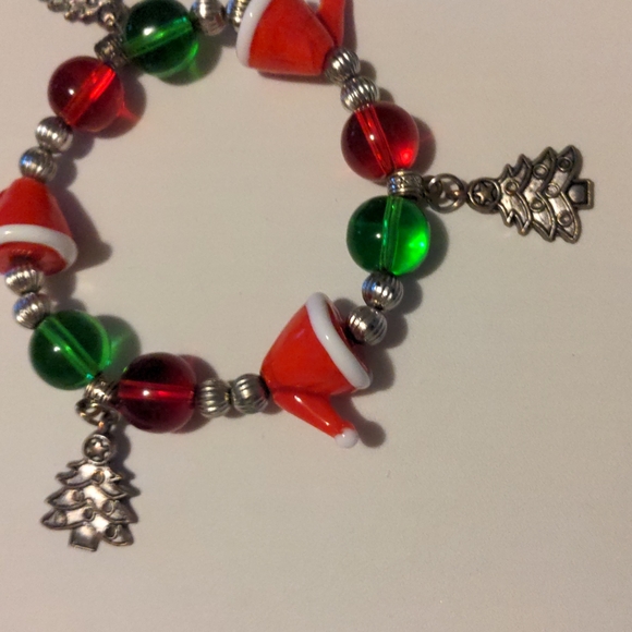 Whimsical Fun Slip-On Christmas Bracelet with Santa Hats and Xmas Trees - Picture 7 of 8